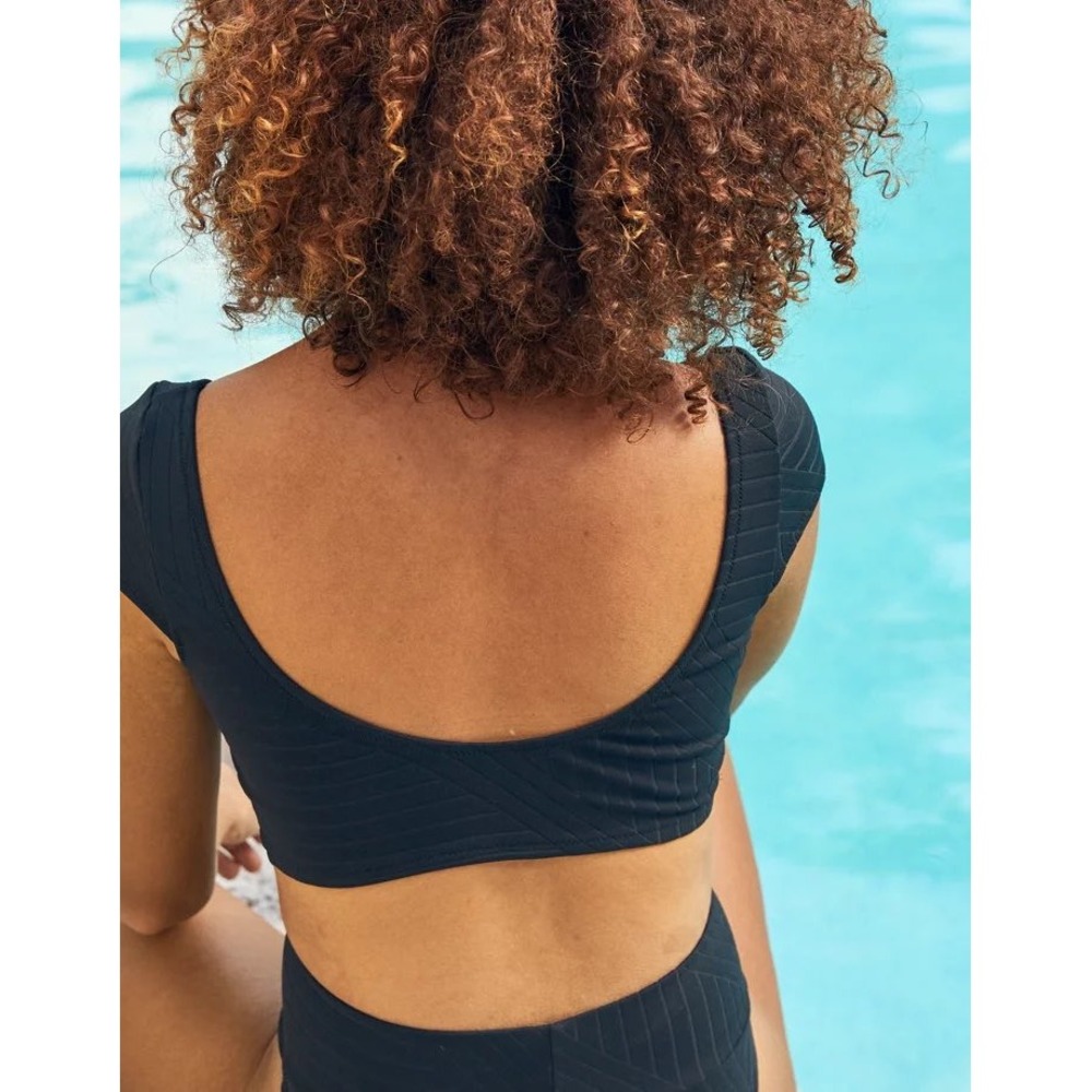 Aerie Black Ribbed Cap Sleeve Henley Bikini Top Large L - Picture 2 of 6